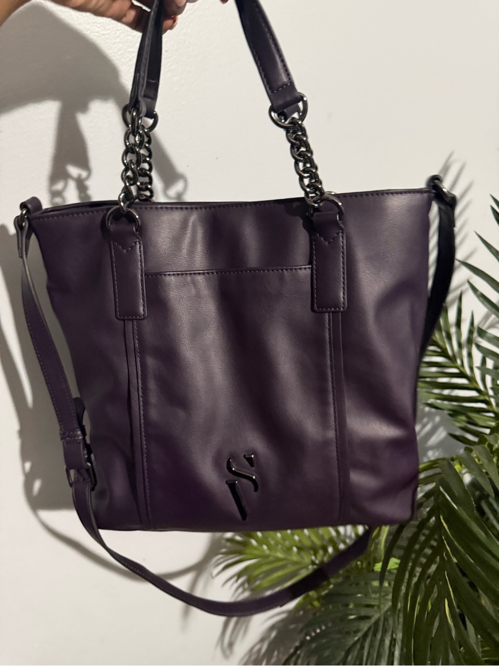 Vera Wang Deep Purple Leather Tote with Chain Handles